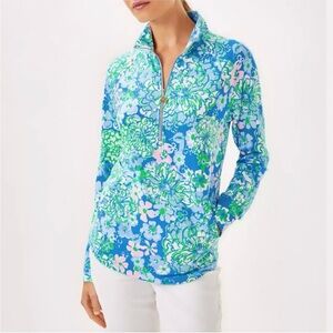 NWT Lilly Pulitzer UPF 50+ Skipper Popover Sunwashed Blue Plumes In Bloom